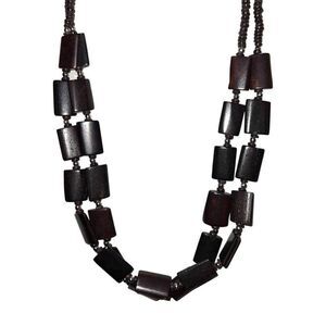 Vintage Long Double Layered Beaded Round & Square Wood Necklace In Brown